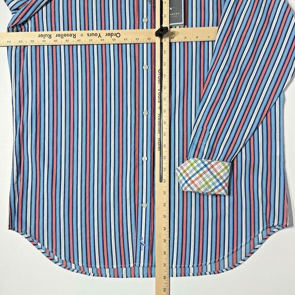 NWT $99 Tailor Byrd LS Button Down Shirt Blue Pink Stripe Flip Cuff Men’s Size L - Picture 10 of 11